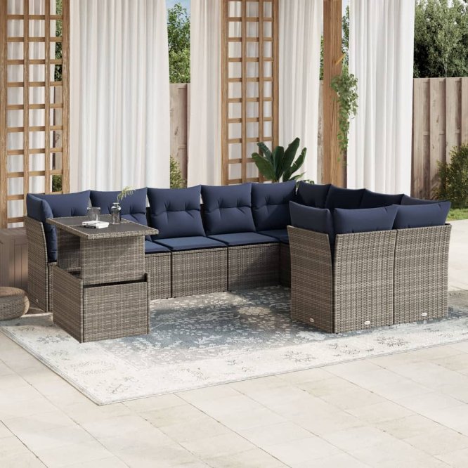 10-teiliges Gartensofa-Set mit Kissen, grau, Polyrattan 10-teiliges Gartensofa-Set mit Kissen, grau, Polyrattan