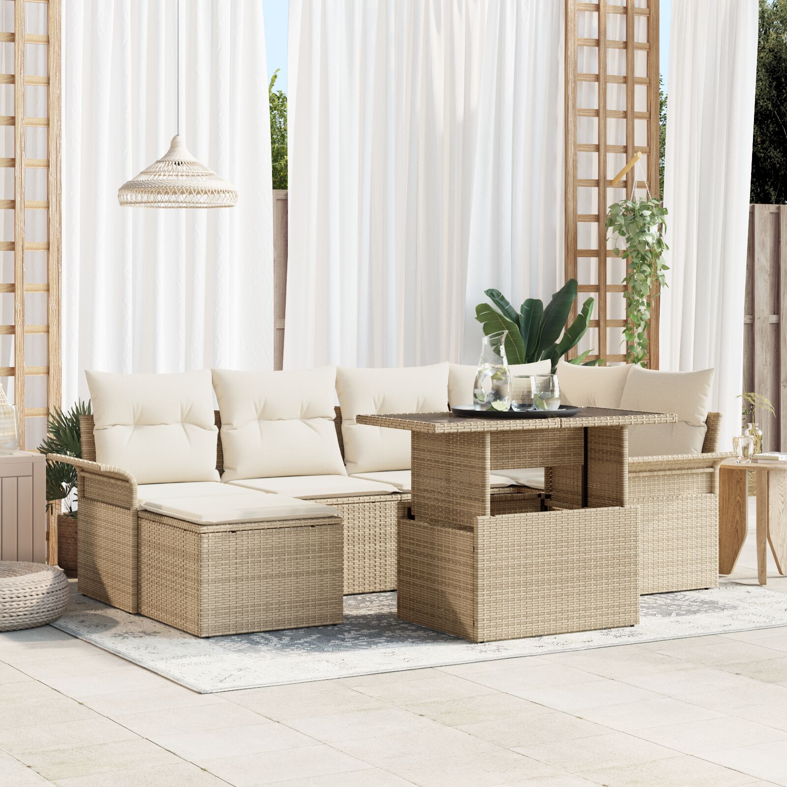 7-teiliges Garten-Sofa-Set mit Kissen Beige Poly-Rattan