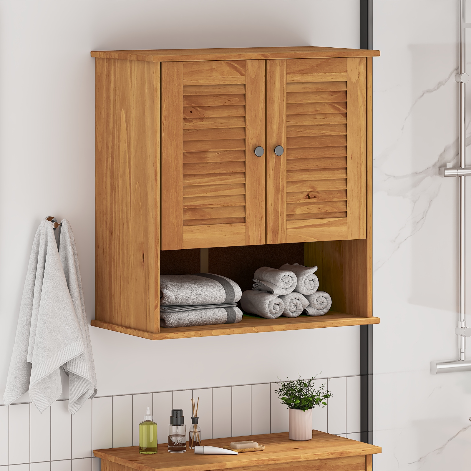 Wandmontierter Badezimmer-Schrank mit Speicher Honigbraun