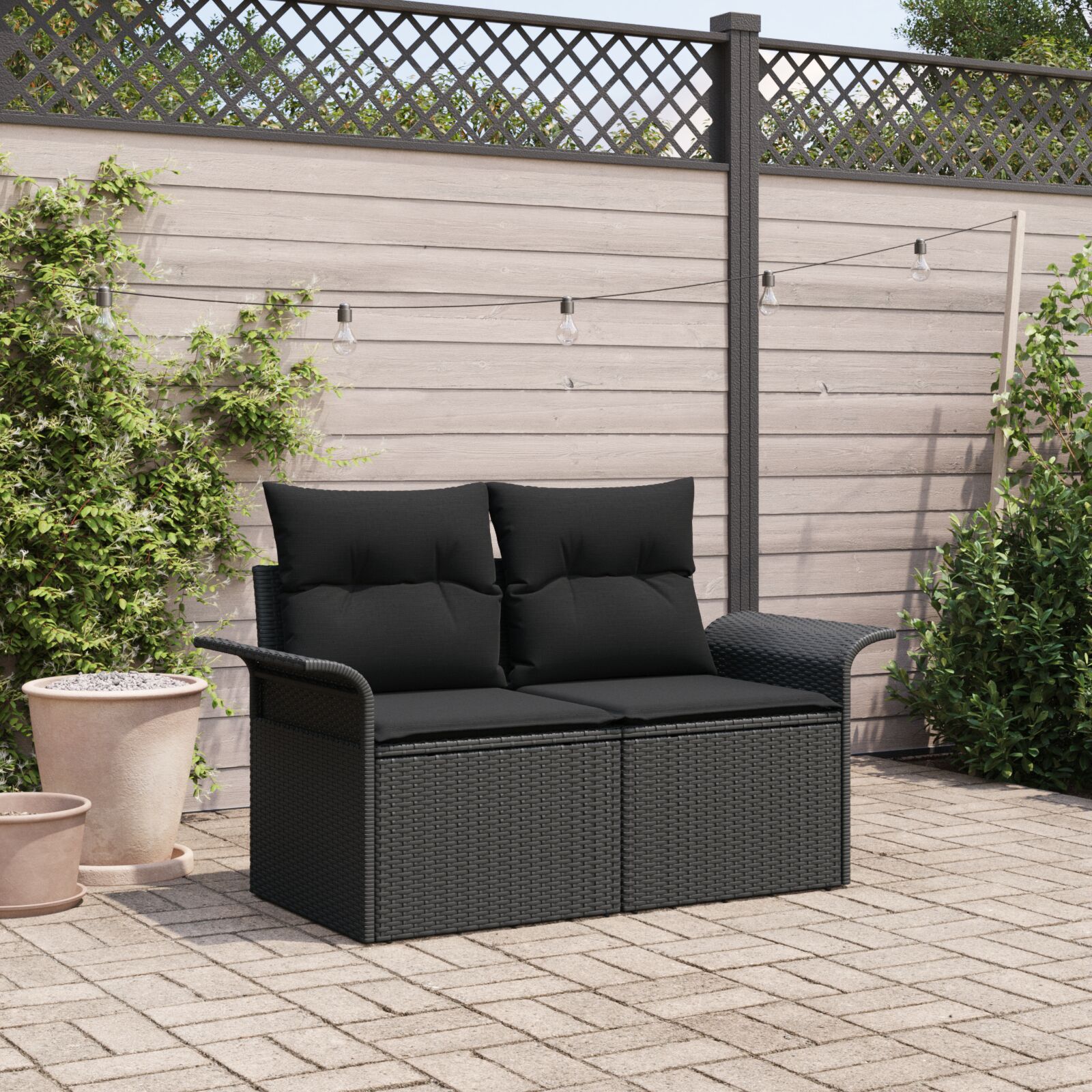 2-Sitzer Garten Sofa mit Stauraum & Kissen Schwarz Poly Rattan