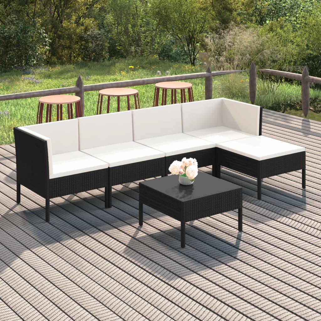 6-tlg. Garten-Lounge-Set mit Auflagen Poly Rattan Schwarz 6-tlg. Garten-Lounge-Set mit Auflagen Poly Rattan Schwarz