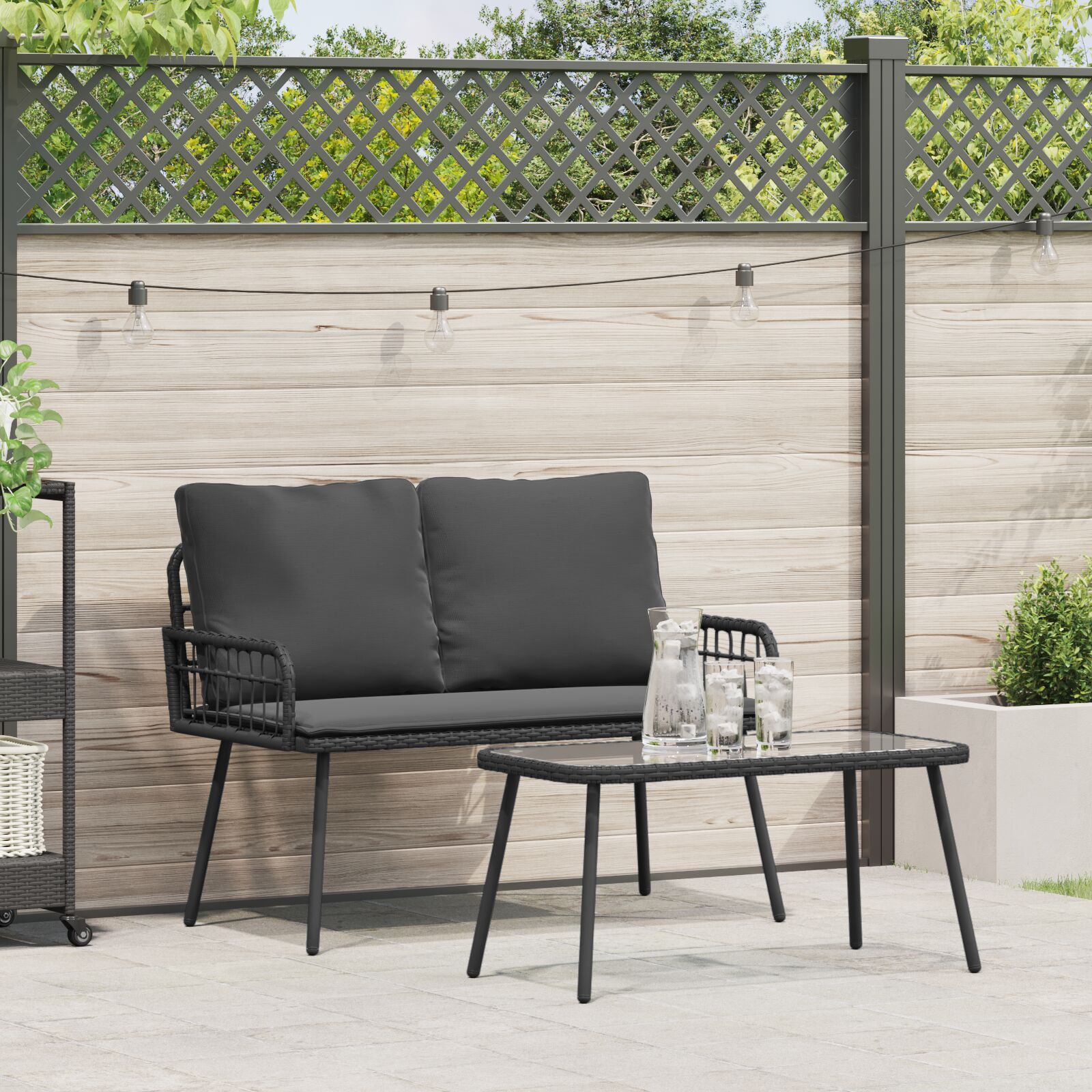 2-teiliges Garten-Esszimmer-Set mit Kissen Schwarz Poly-Rattan 2-teiliges Garten-Esszimmer-Set mit Kissen Schwarz Poly-Rattan
