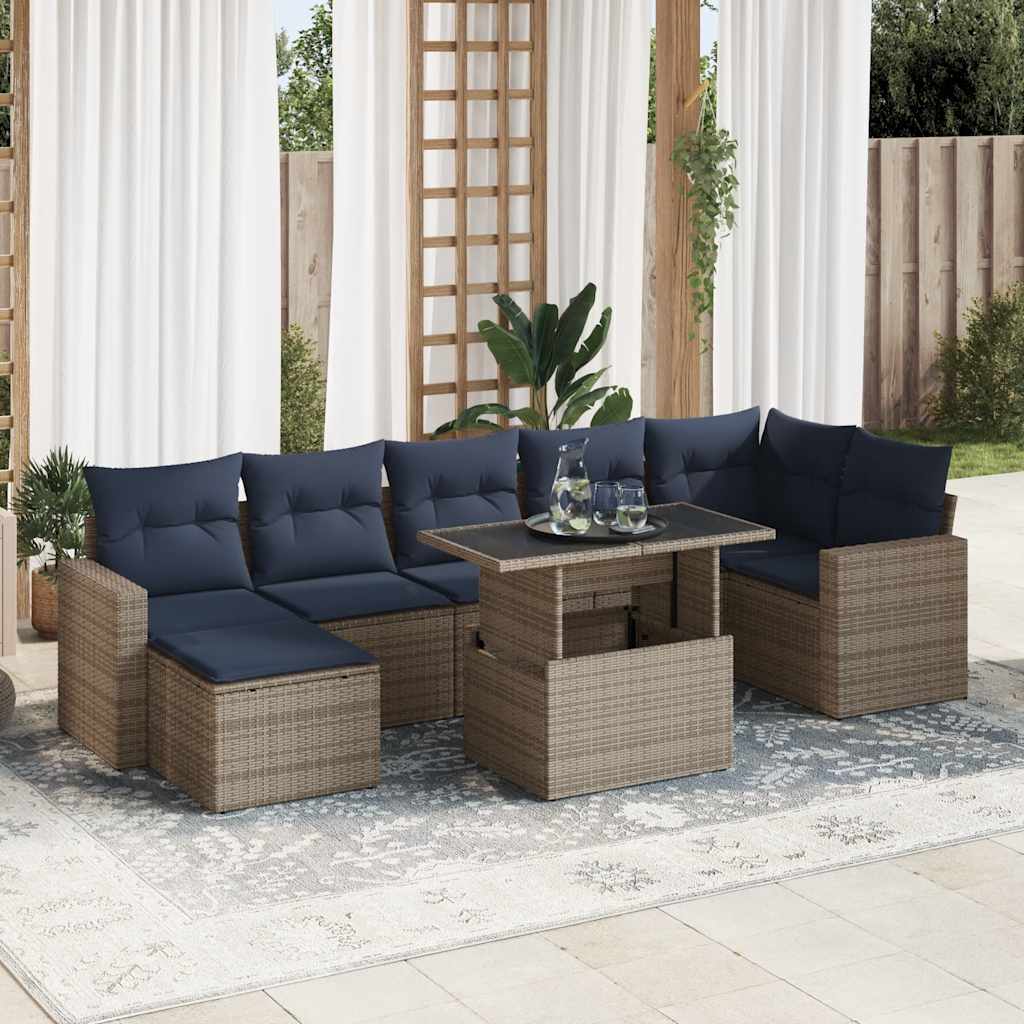 7-tlg. Garten-Sofagarnitur mit Kissen Grau Poly Rattan Akazie 7-tlg. Garten-Sofagarnitur mit Kissen Grau Poly Rattan Akazie