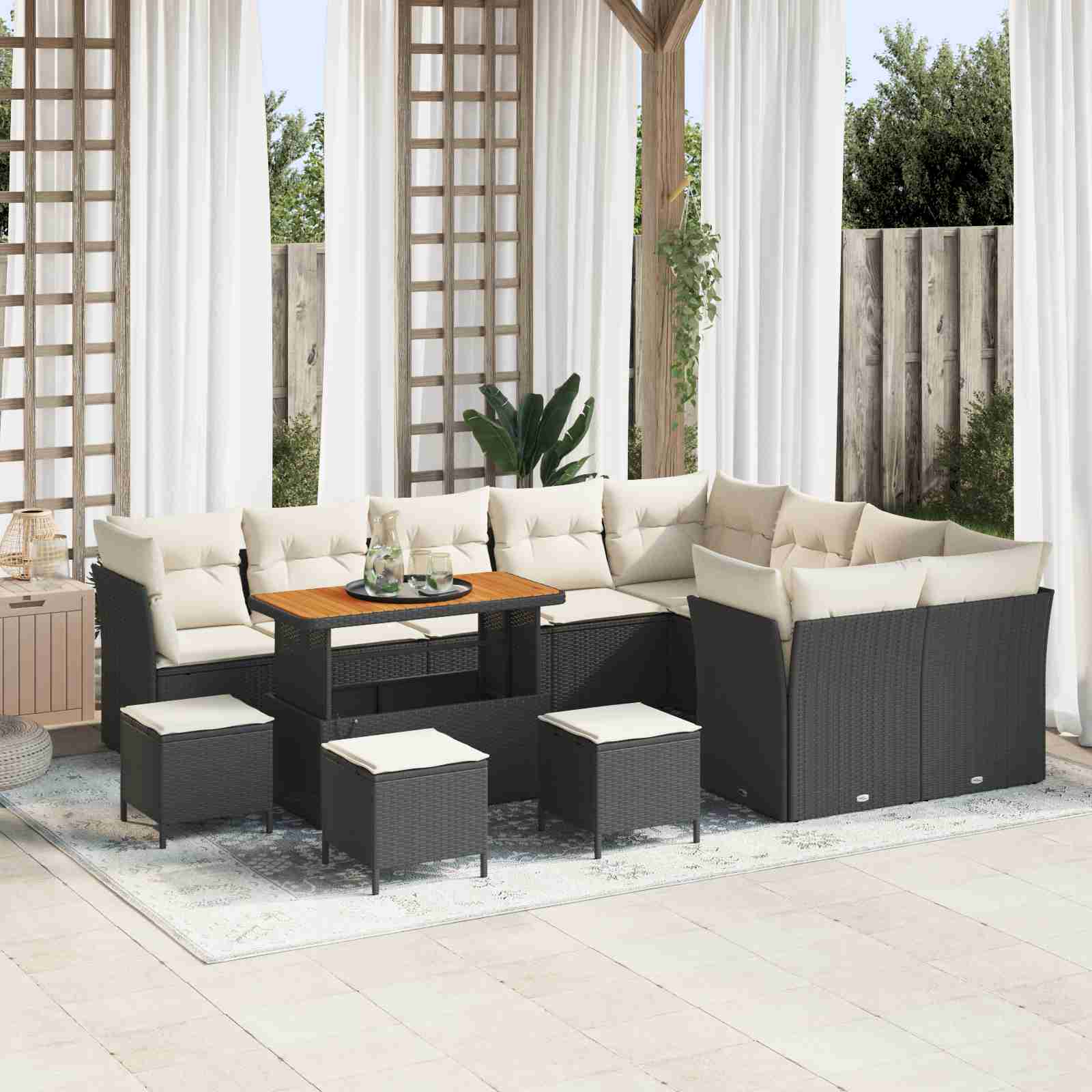 13-teiliges Garten Sofa Set mit Kissen Schwarz Poly Rattan Akazie
