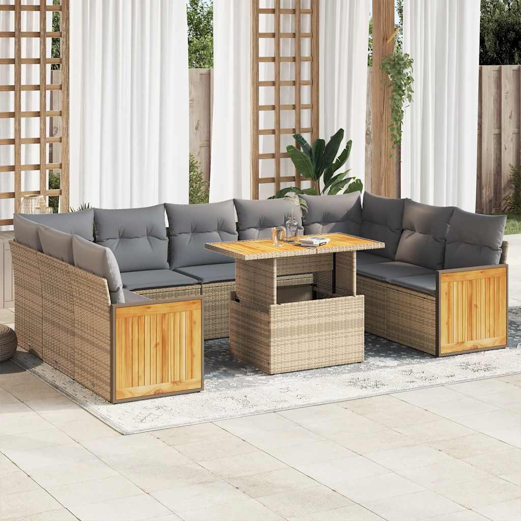10-tlg. Garten-Sofagarnitur mit Kissen Beige Poly Rattan Akazie 10-tlg. Garten-Sofagarnitur mit Kissen Beige Poly Rattan Akazie