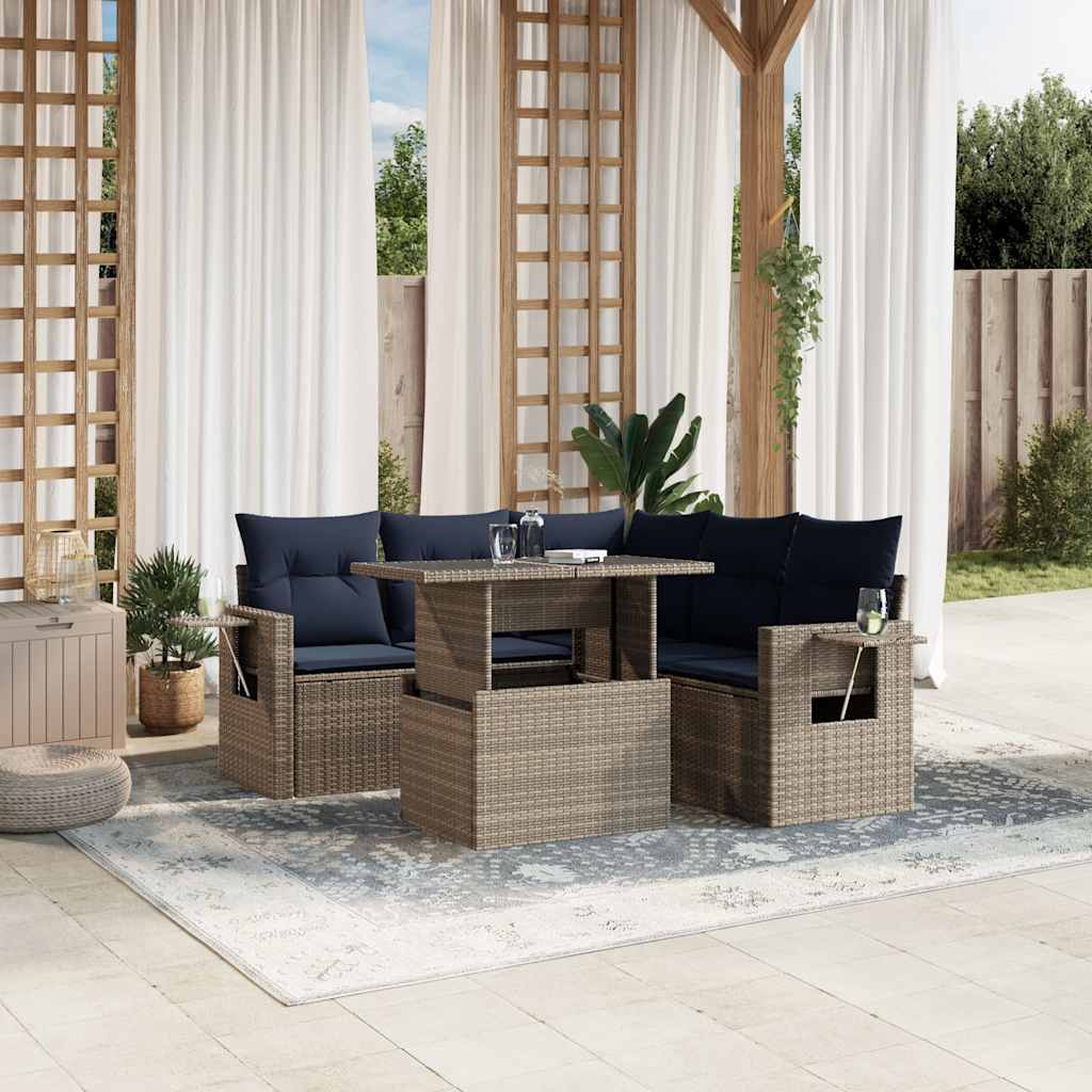 6-teiliges Gartensofa-Set mit Kissen, grau, Polyrattan 6-teiliges Gartensofa-Set mit Kissen, grau, Polyrattan