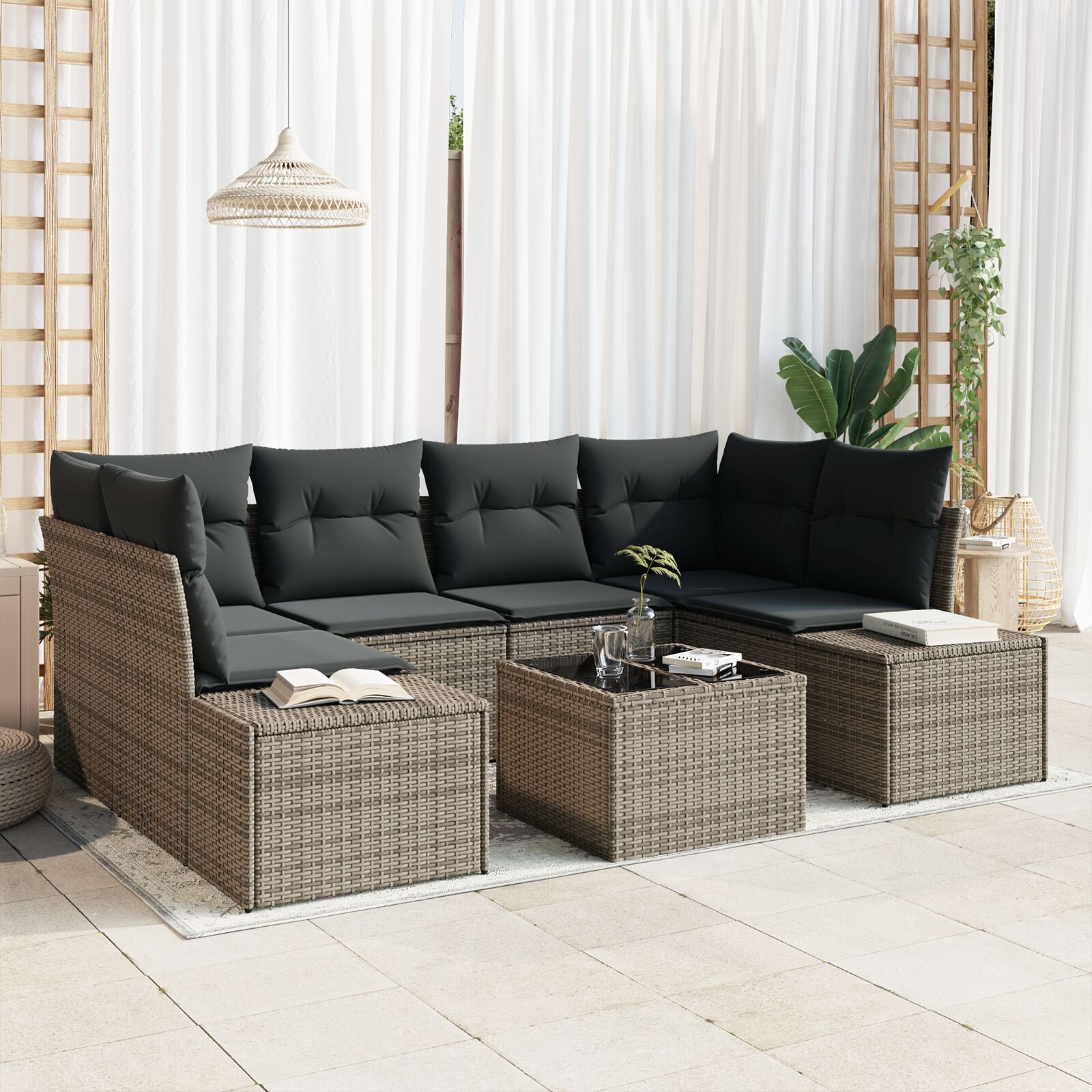 7-teiliges Garten-Sofa-Set mit Kissen Grau Poly-Rattan