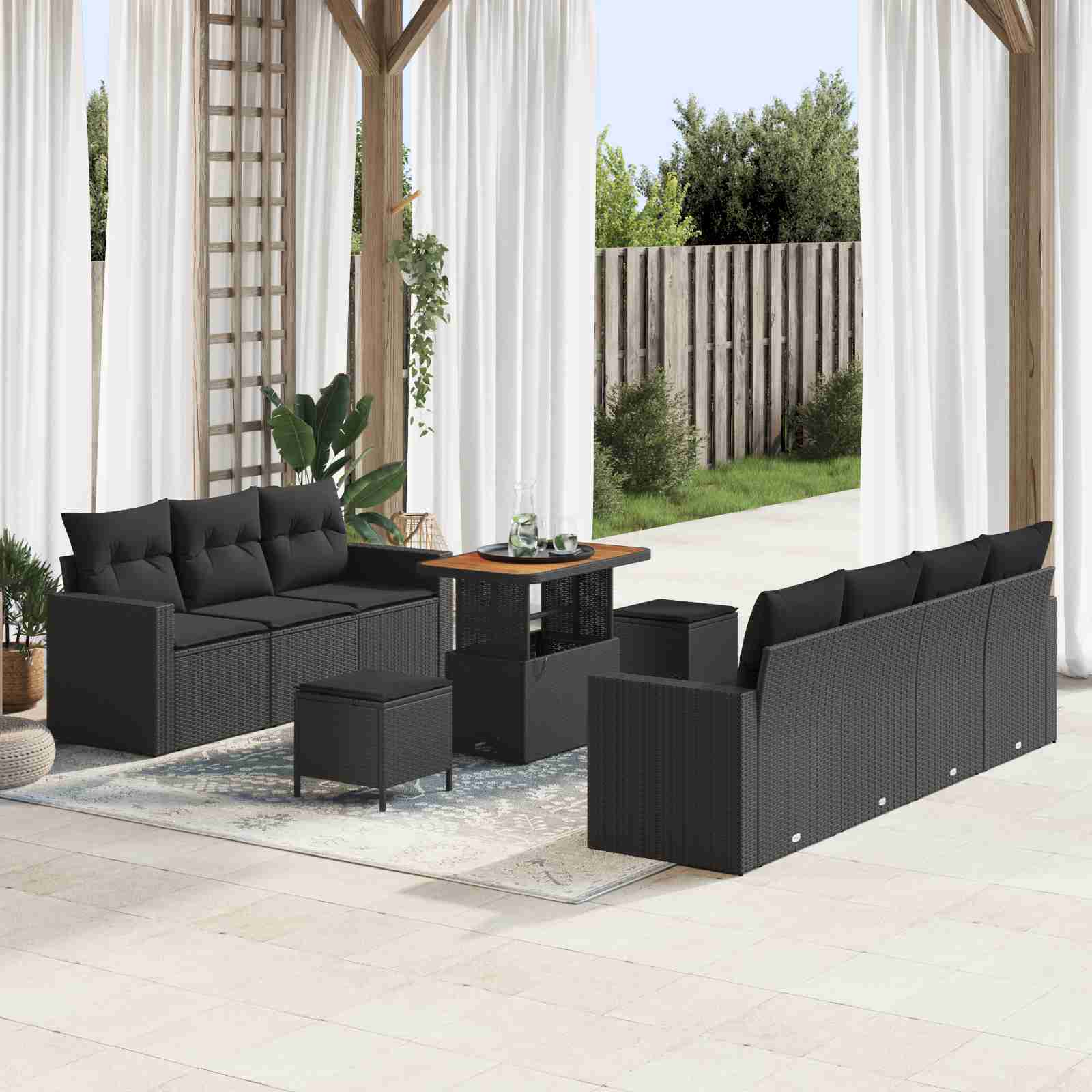 10-teiliges Garten Sofa Set mit Kissen Schwarz Poly Rattan Akazie