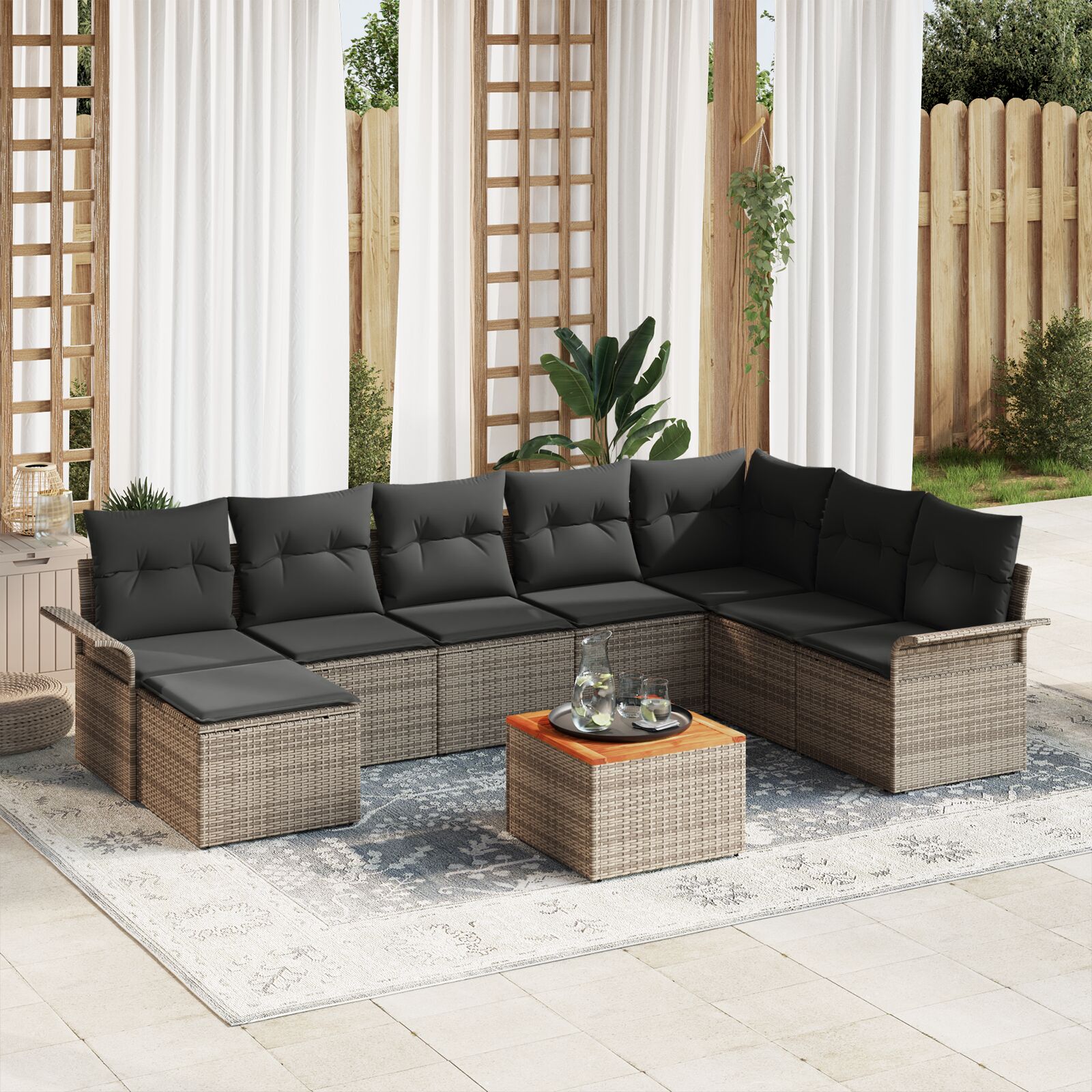 9-teiliges Garten-Sofa-Set mit Kissen Grau Poly-Rattan Akazie