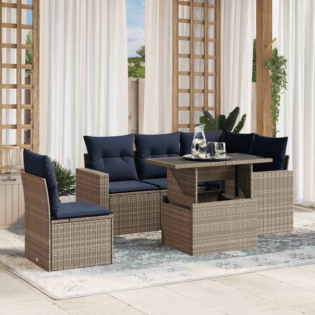 6-teiliges Gartensofa-Set mit Kissen, grau, Polyrattan 6-teiliges Gartensofa-Set mit Kissen, grau, Polyrattan