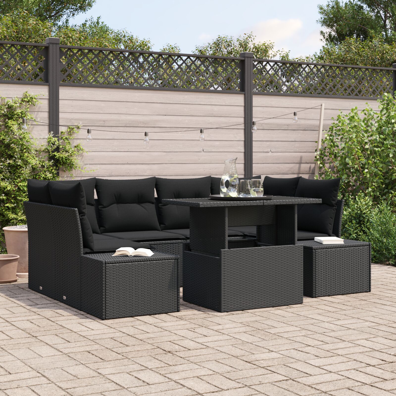7-teiliges Garten-Sofa-Set mit Kissen Schwarz Poly-Rattan