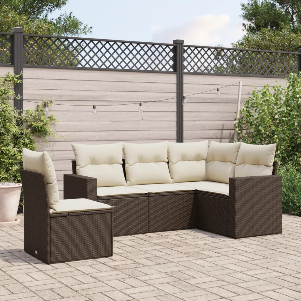 5-tlg. Garten-Sofagarnitur mit Kissen Braun Poly Rattan 5-tlg. Garten-Sofagarnitur mit Kissen Braun Poly Rattan