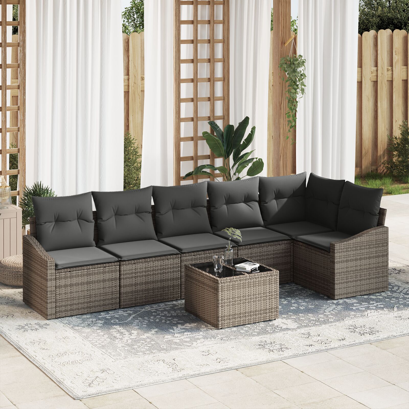 6-teilige Garten-Essgruppe mit Kissen Schwarz Poly Rattan 6-teilige Garten-Essgruppe mit Kissen Schwarz Poly Rattan