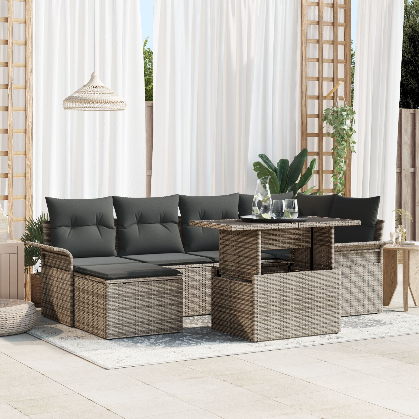 7-teiliges Garten Sofa Set mit Kissen Grau Poly Rattan