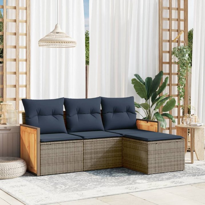 4-teiliges Gartensofa-Set mit Kissen, grau, Polyrattan 4-teiliges Gartensofa-Set mit Kissen, grau, Polyrattan