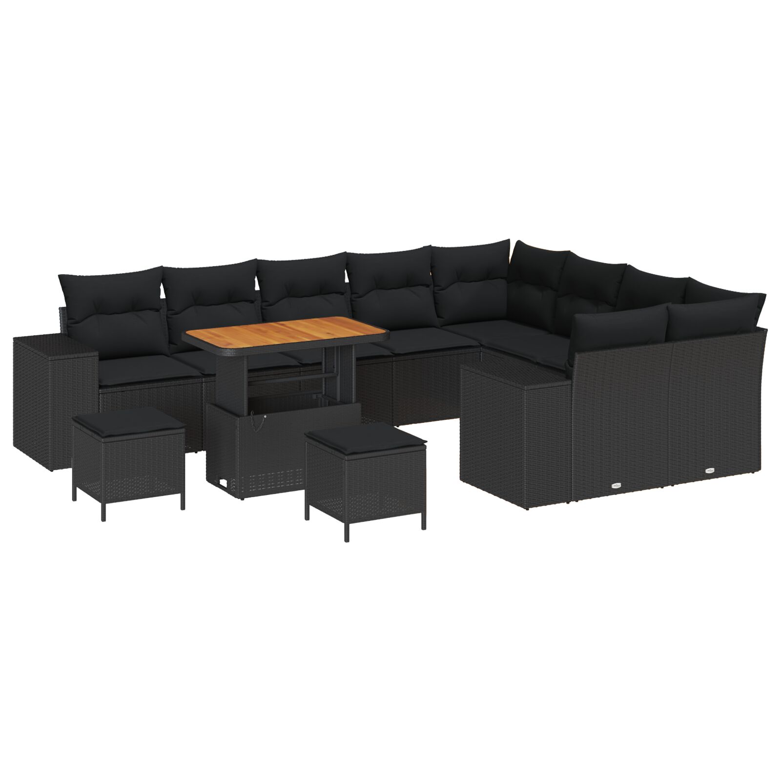 12-teiliges Garten Sofa Set mit Kissen Schwarz Poly Rattan Akazie, 3-teiliges Garten Essset mit Kissen Schwarz Poly Rattan Akazie