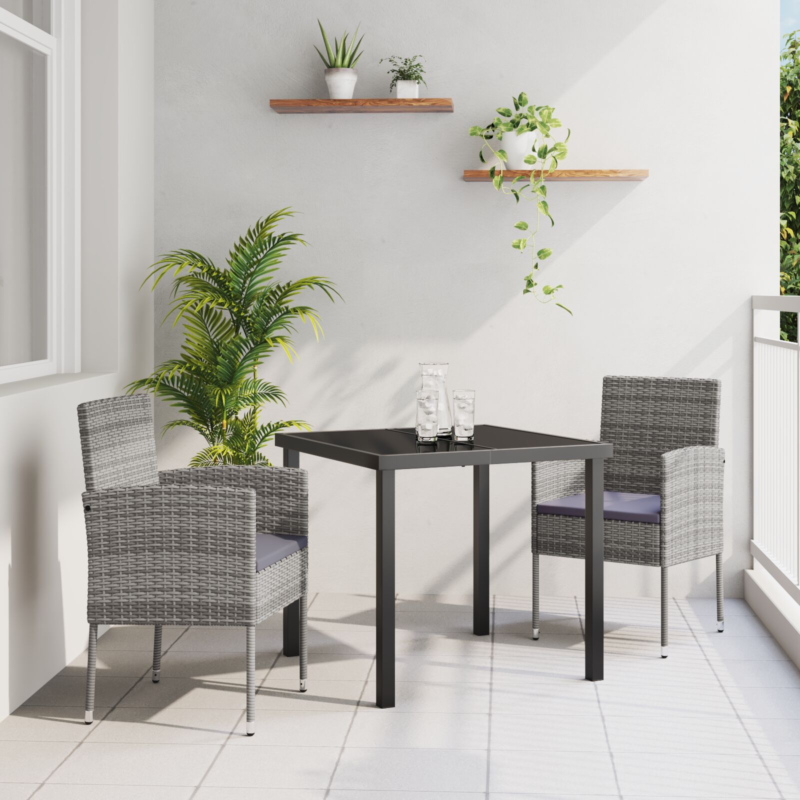 3-teiliges Garten-Ess-Set mit Kissen Grau Poly Rattan