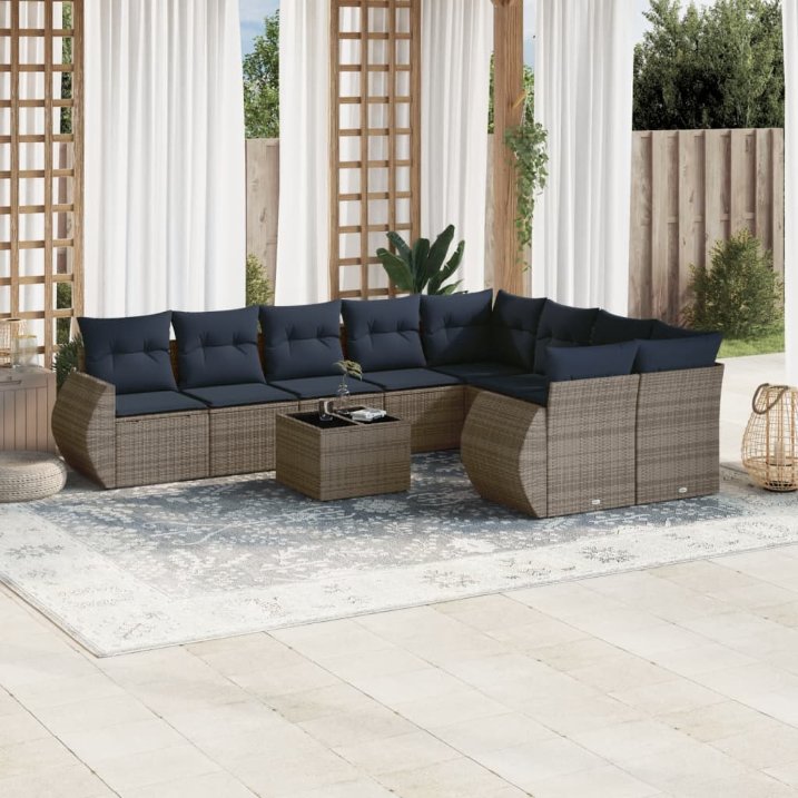 10-teiliges Gartensofa-Set mit Kissen, grau, Polyrattan 10-teiliges Gartensofa-Set mit Kissen, grau, Polyrattan