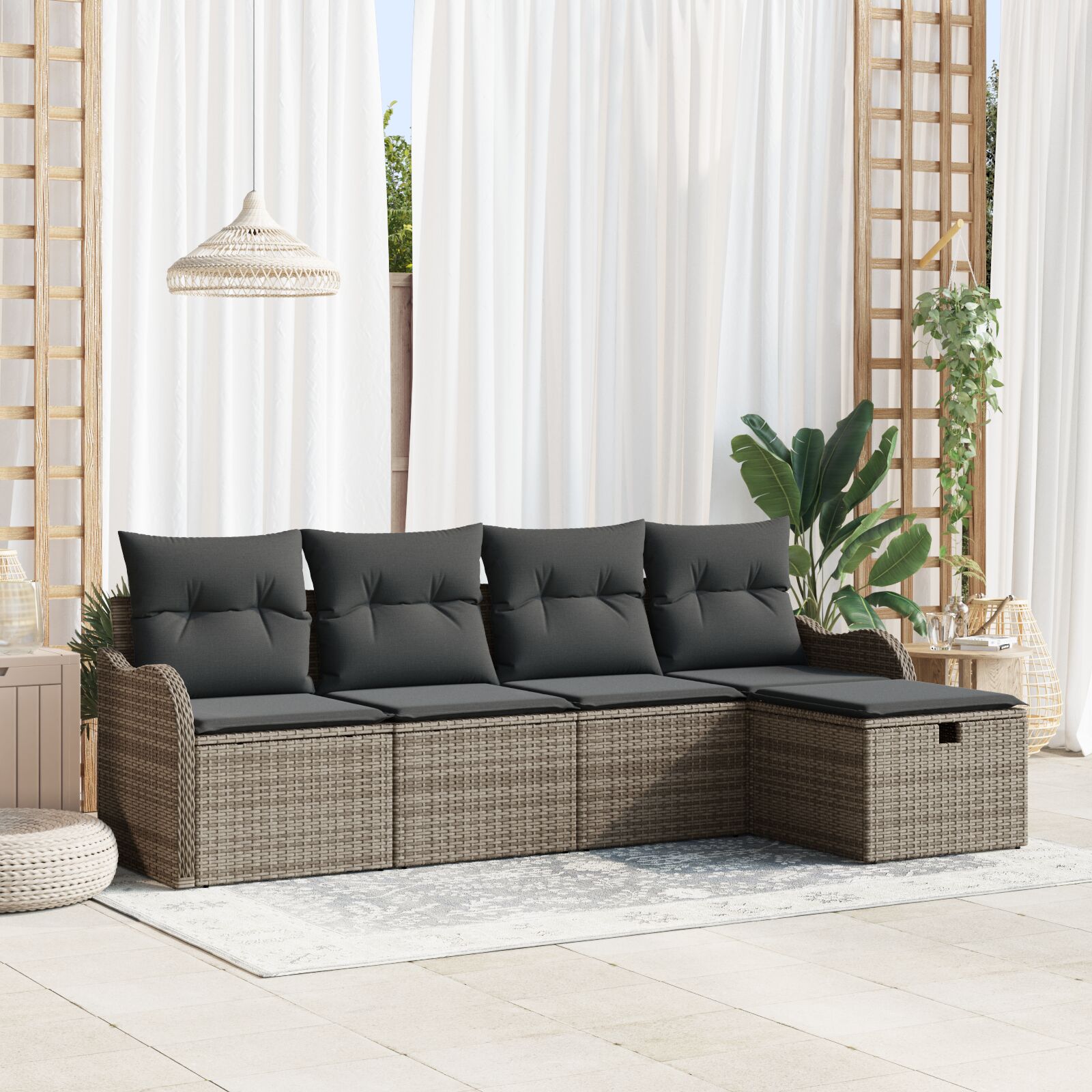 5-teiliges Garten Sofa Set mit Kissen in Grau Poly Rattan, 2-Sitzer Garten Sofa mit Stauraum & Kissen in Grau Poly Rattan 5-teiliges Garten Sofa Set mit Kissen in Grau Poly Rattan, 2-Sitzer Garten Sofa mit Stauraum & Kissen in Grau Poly Rattan