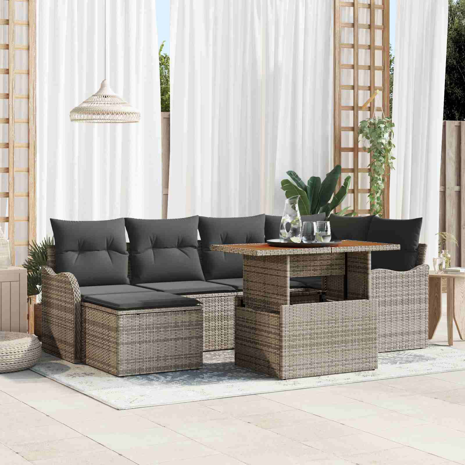 7-teiliges Garten-Sofa-Set mit Kissen Grau Poly Rattan 7-teiliges Garten-Sofa-Set mit Kissen Grau Poly Rattan