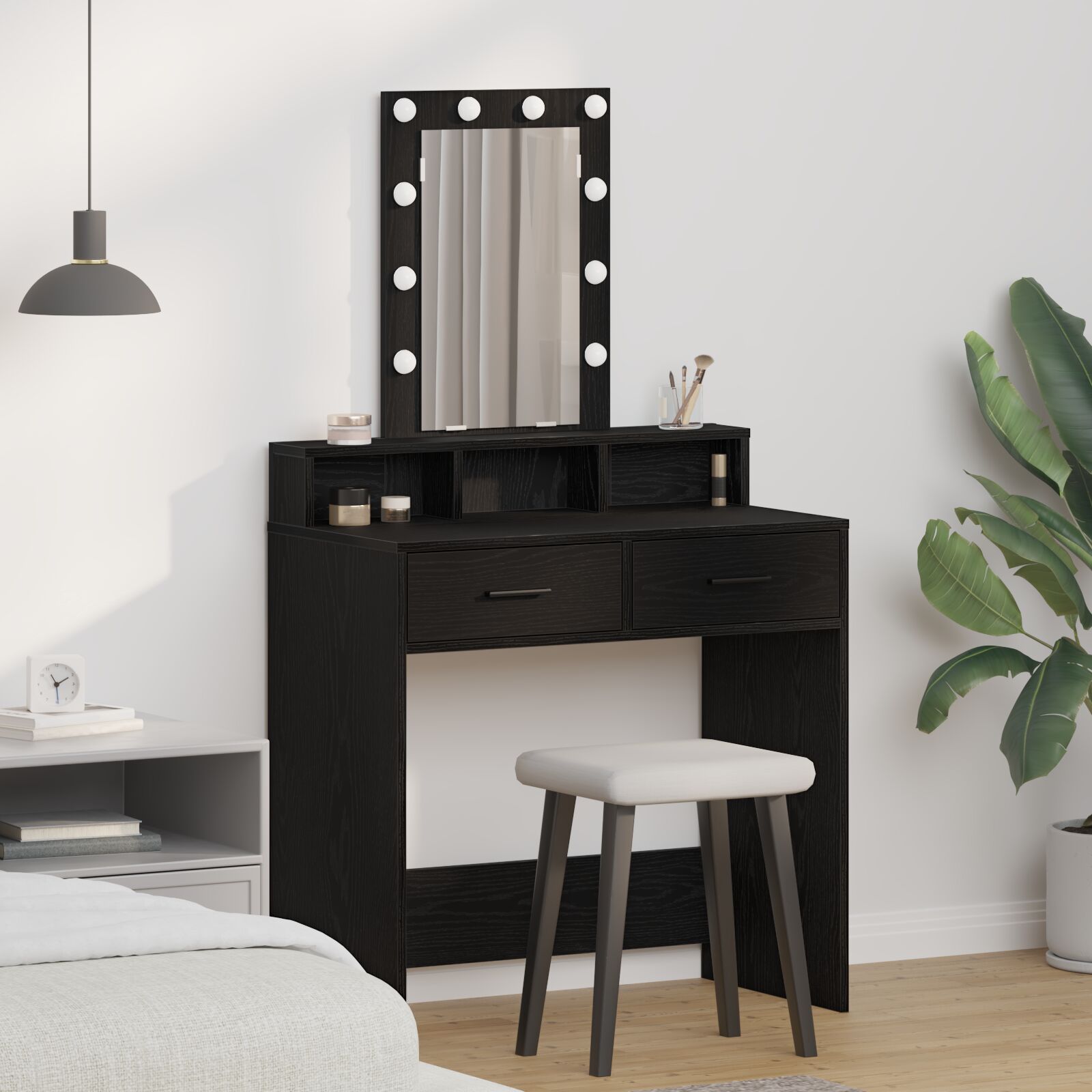 vidaXL Schminktisch mit LED-Lichtern in Schwarz und Eiche, 79x41x140 cm