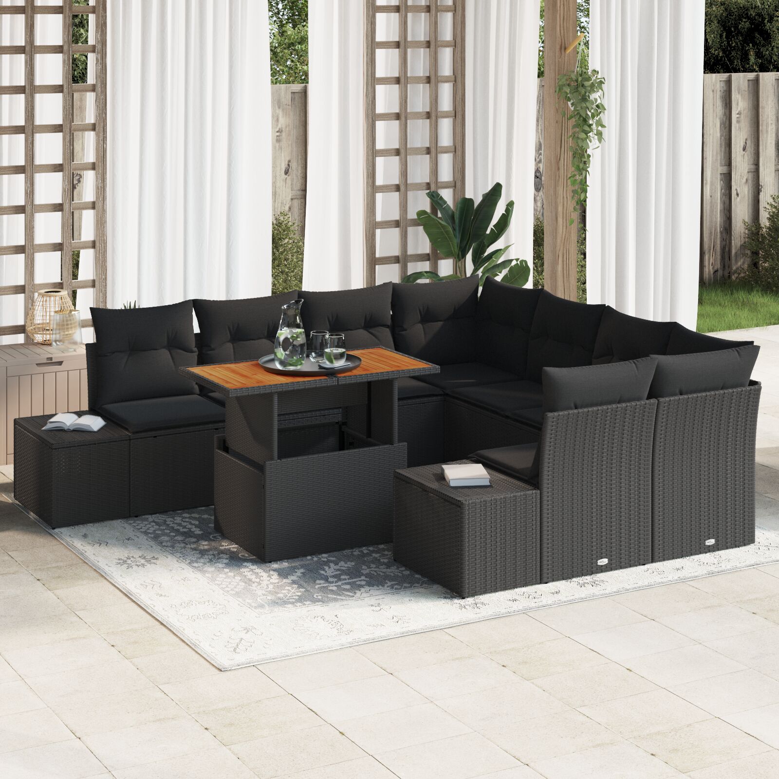 9-teiliges Garten Sofa Set mit Kissen Schwarz Poly Rattan 9-teiliges Garten Sofa Set mit Kissen Schwarz Poly Rattan