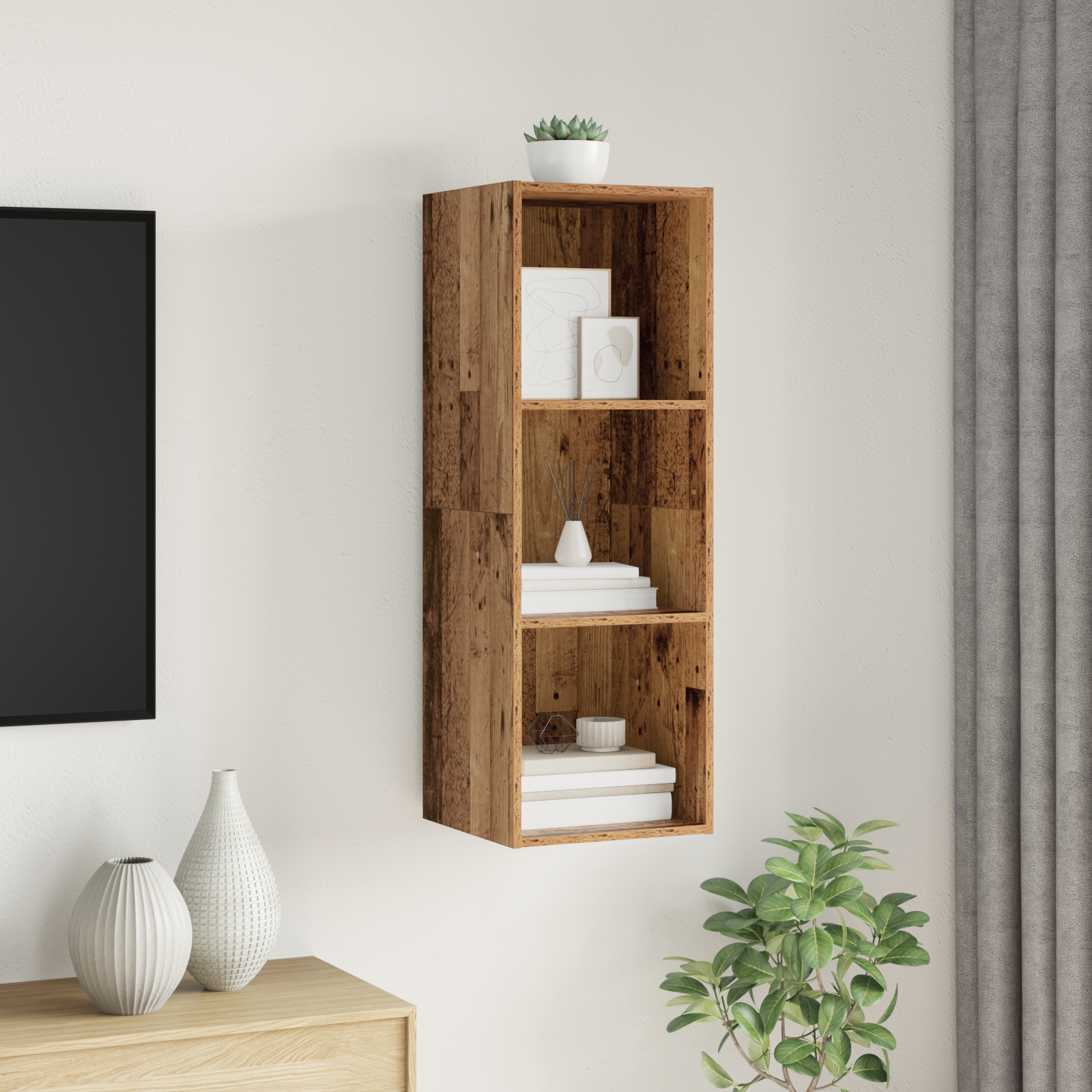 TV-Schränk mit Regal Wandmontiert mit Speicher Altholz 37 x 37 x 107 cm Holzwerkstoff