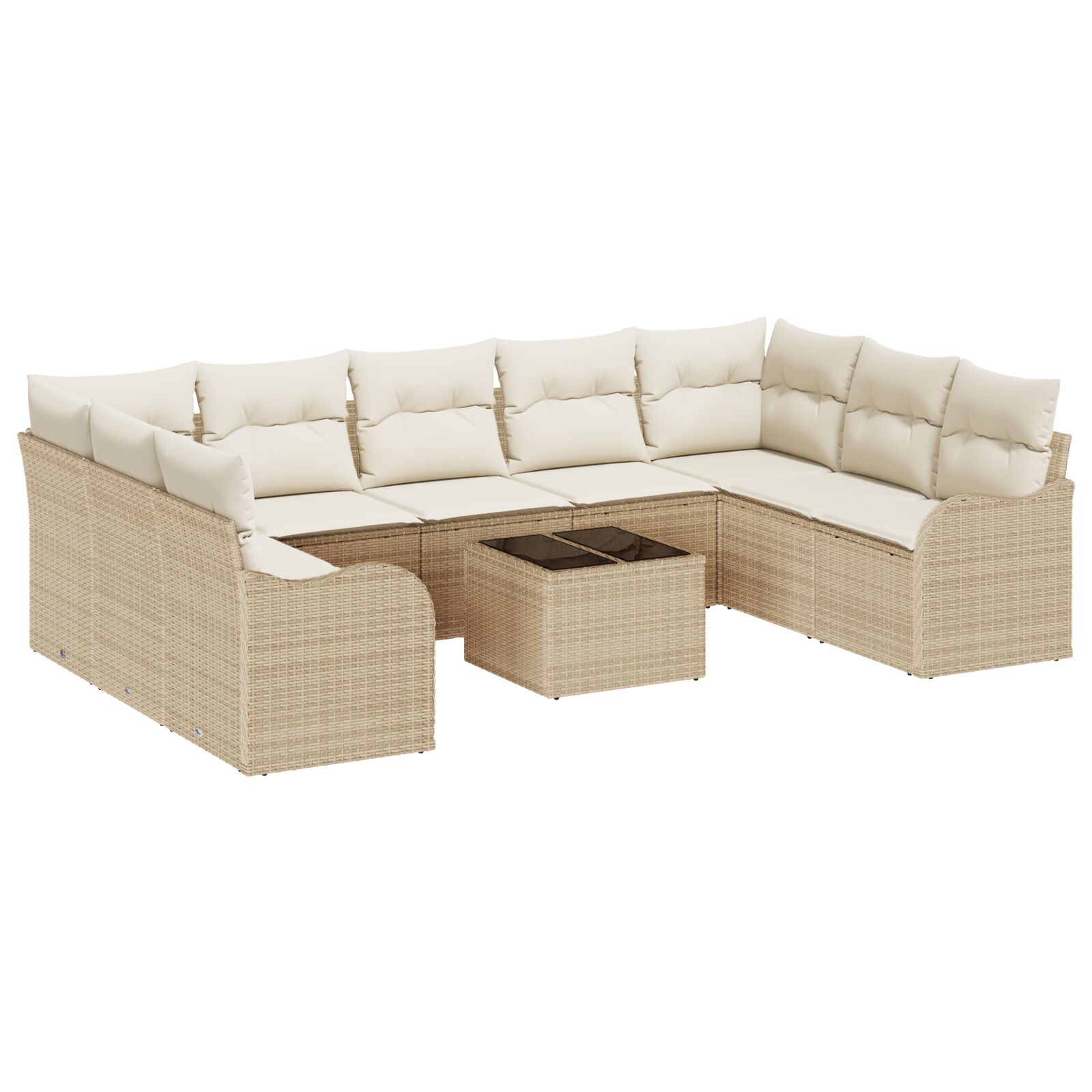 10-teiliges Garten Sofa Set mit Kissen in Braun aus Poly Rattan, 2-Sitzer Garten Sofa mit Kissen in Beige aus Poly Rattan