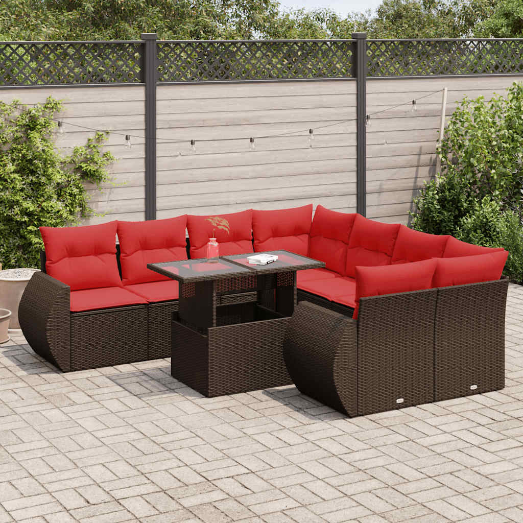 9-tlg. Garten-Sofagarnitur mit Kissen Braun Poly Rattan Akazie 9-tlg. Garten-Sofagarnitur mit Kissen Braun Poly Rattan Akazie