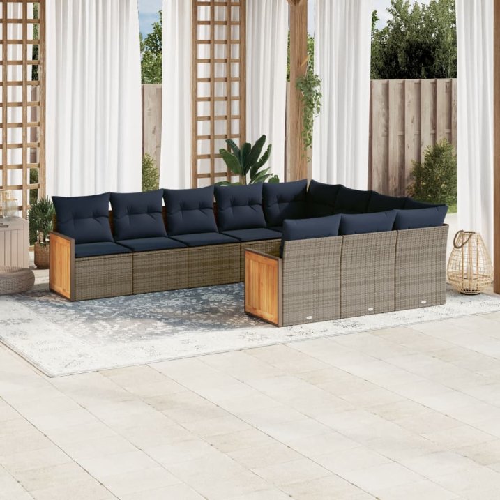 10-teiliges Gartensofa-Set mit Kissen, grau, Polyrattan 10-teiliges Gartensofa-Set mit Kissen, grau, Polyrattan