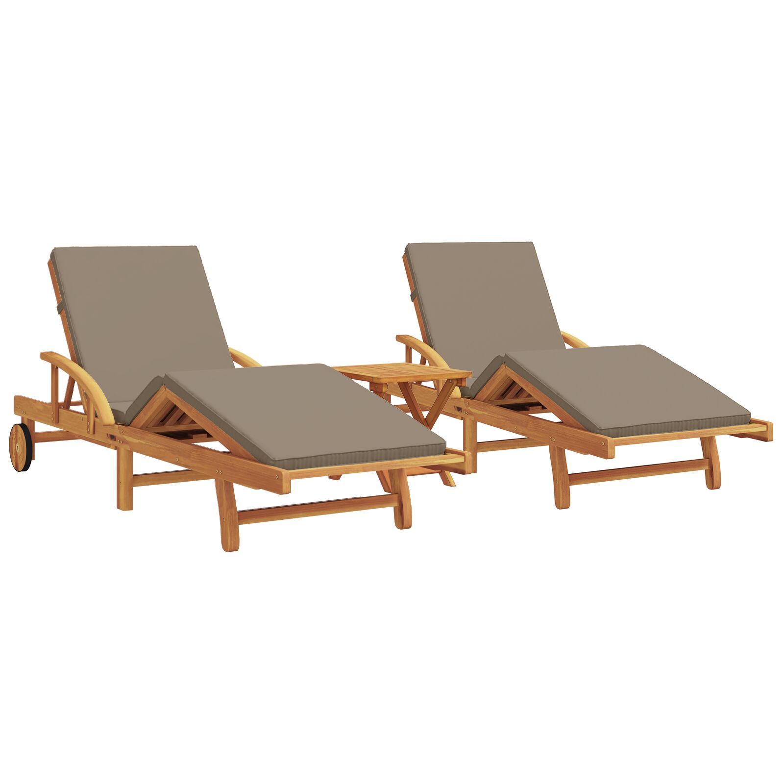 Sonnenliegen 2 Stück mit Kissen und Tisch Taupe Massivholz Akazie, Klapp-Sonnenliege mit Rädern & Kissen Taupe Massivholz Akazie Sonnenliegen 2 Stück mit Kissen und Tisch Taupe Massivholz Akazie, Klapp-Sonnenliege mit Rädern & Kissen Taupe Massivholz Akazie