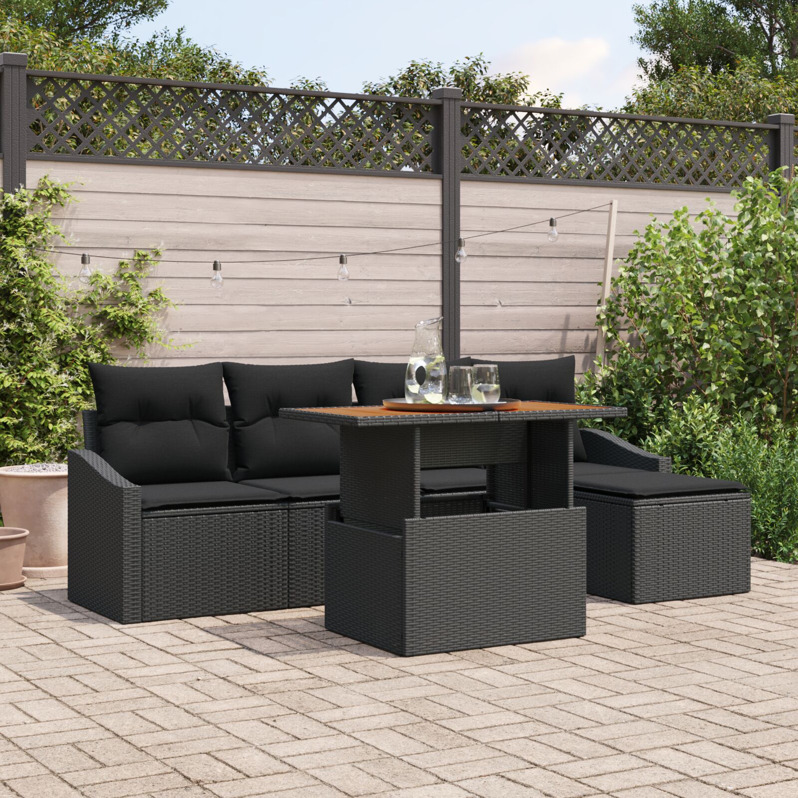 6-teiliges Garten-Ess-Set mit Kissen schwarzes Poly Rattan Akazie