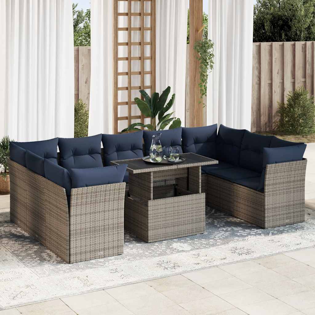 10-tlg. Garten-Sofagarnitur mit Kissen Grau Poly Rattan Akazie 10-tlg. Garten-Sofagarnitur mit Kissen Grau Poly Rattan Akazie