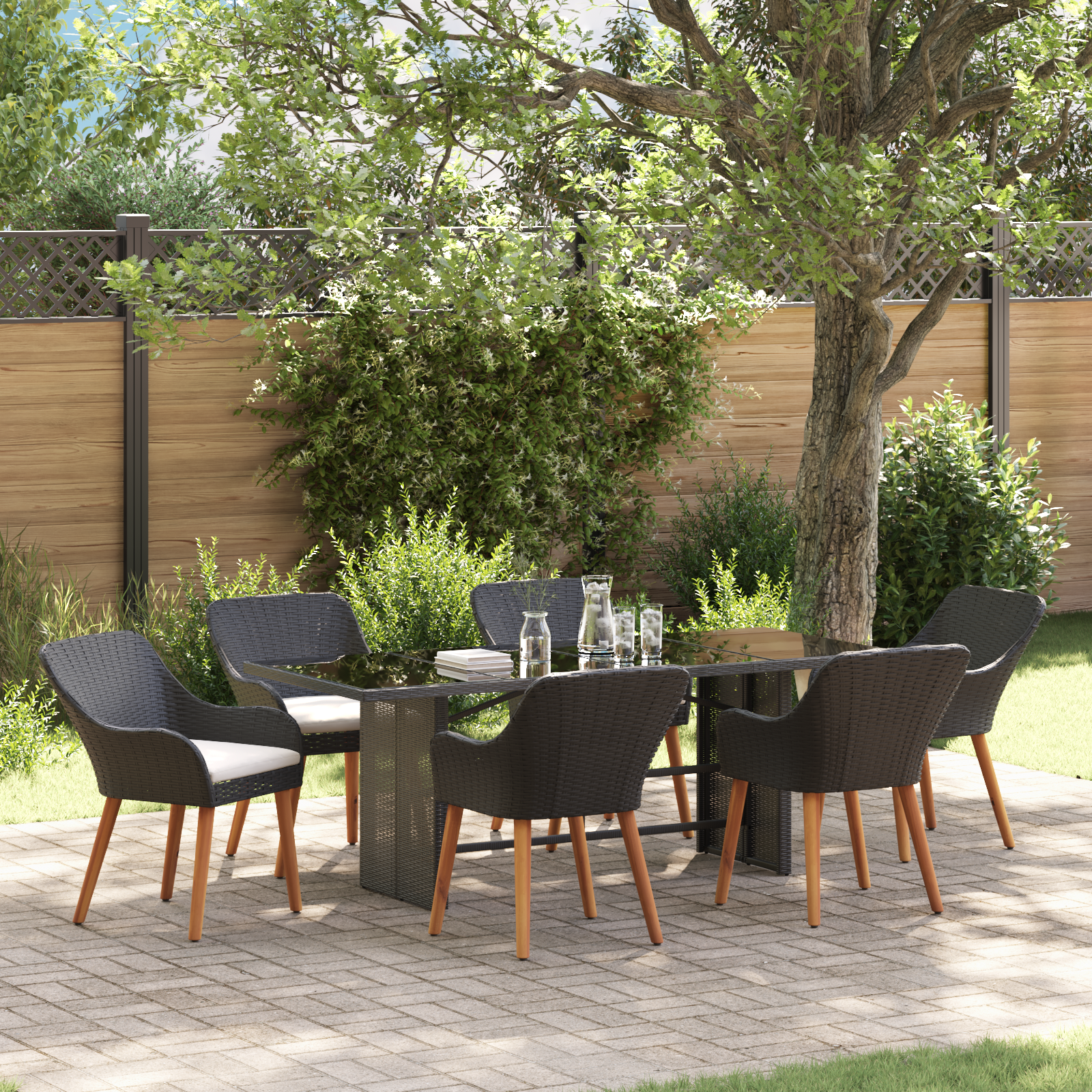 7-teiliges Garten Essset Schwarz Poly-Rattan