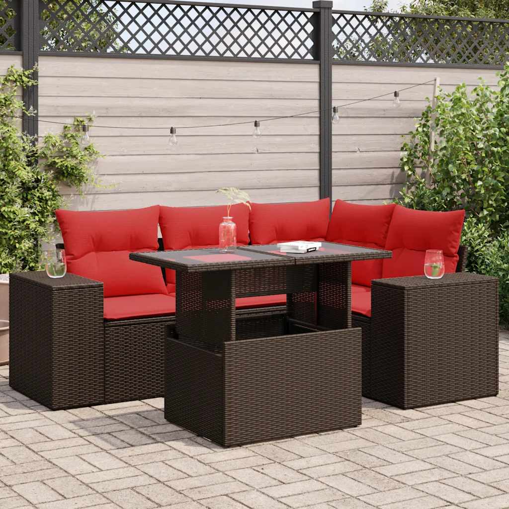 5-tlg. Garten-Sofagarnitur mit Kissen Braun Poly Rattan Akazie 5-tlg. Garten-Sofagarnitur mit Kissen Braun Poly Rattan Akazie