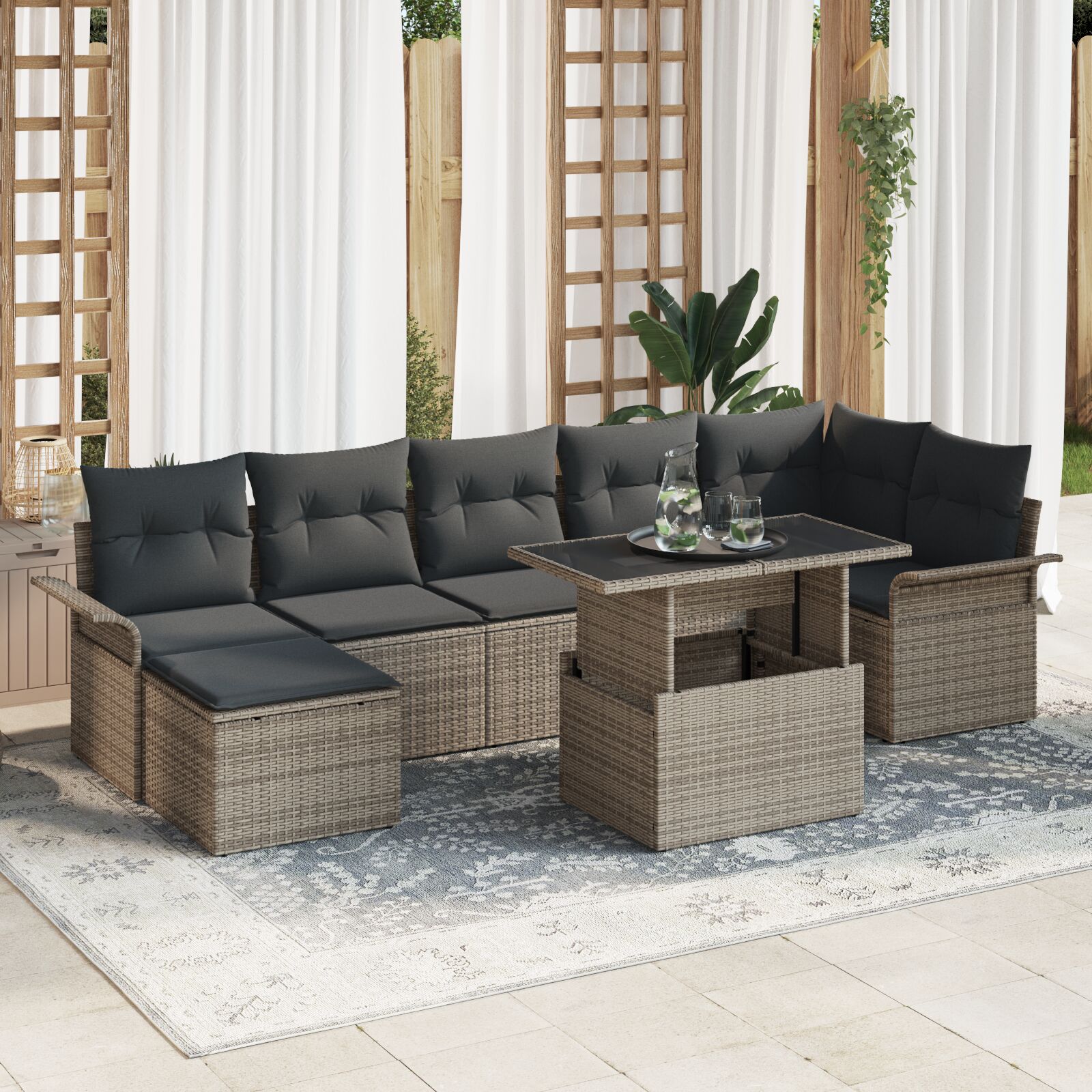 8-teiliges Garten Sofa Set mit Kissen Grau Poly Rattan
