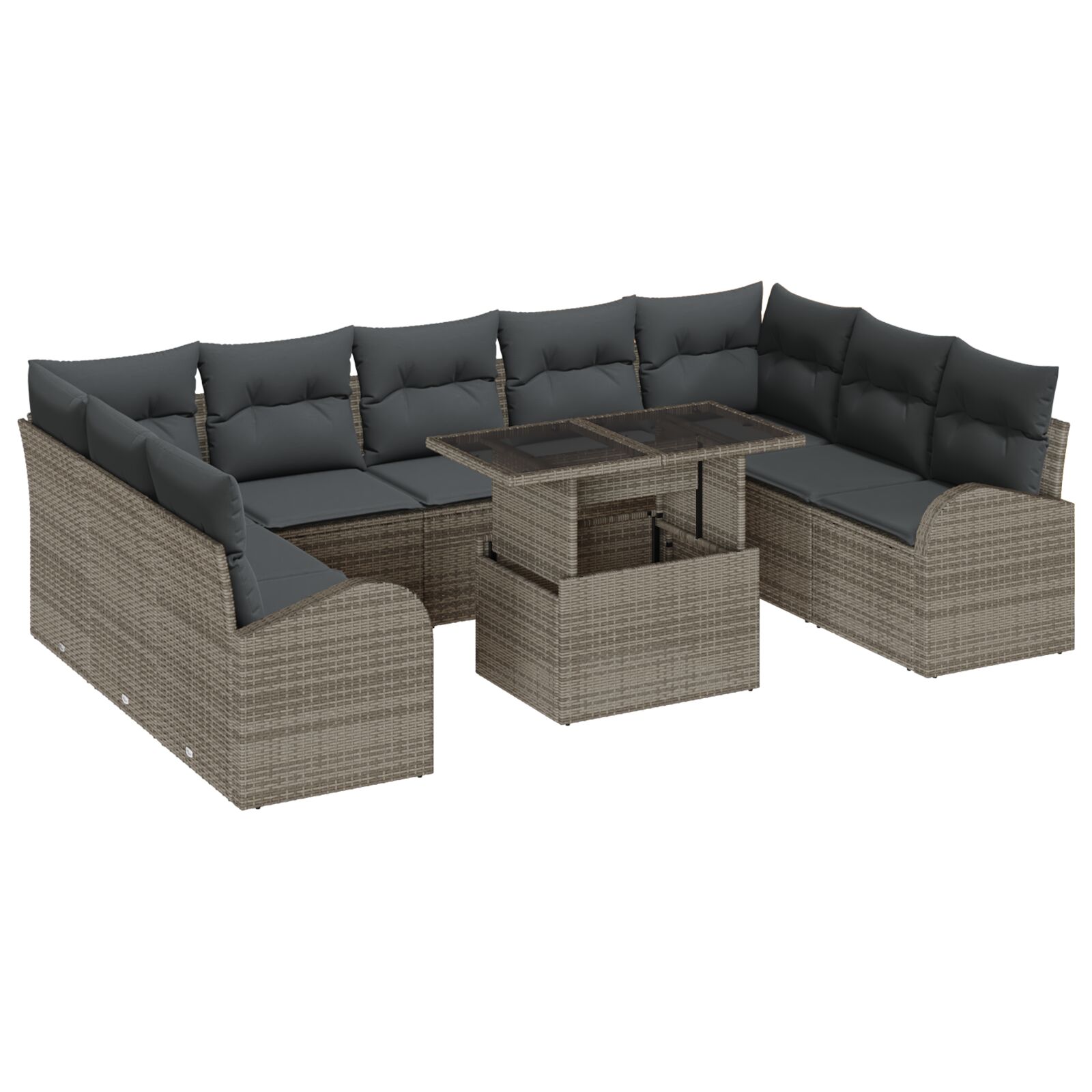 10-teiliges Garten Sofa Set mit Kissen grau Poly Rattan, 2-Sitzer Garten Sofa mit Stauraum & Kissen grau Poly Rattan 10-teiliges Garten Sofa Set mit Kissen grau Poly Rattan, 2-Sitzer Garten Sofa mit Stauraum & Kissen grau Poly Rattan