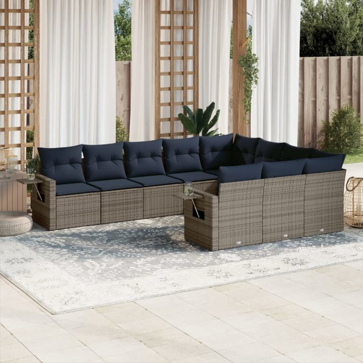 10-teiliges Gartensofa-Set mit Kissen, grau, Polyrattan 10-teiliges Gartensofa-Set mit Kissen, grau, Polyrattan