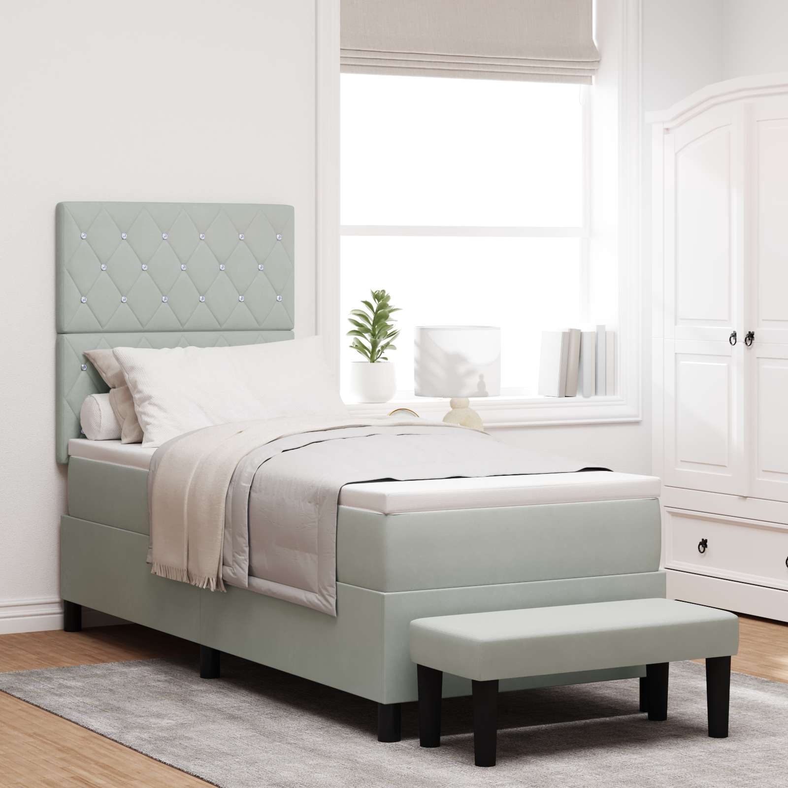 Boxspringbett mit Matratze & Bank Hellgrau 80x200 cm Velours