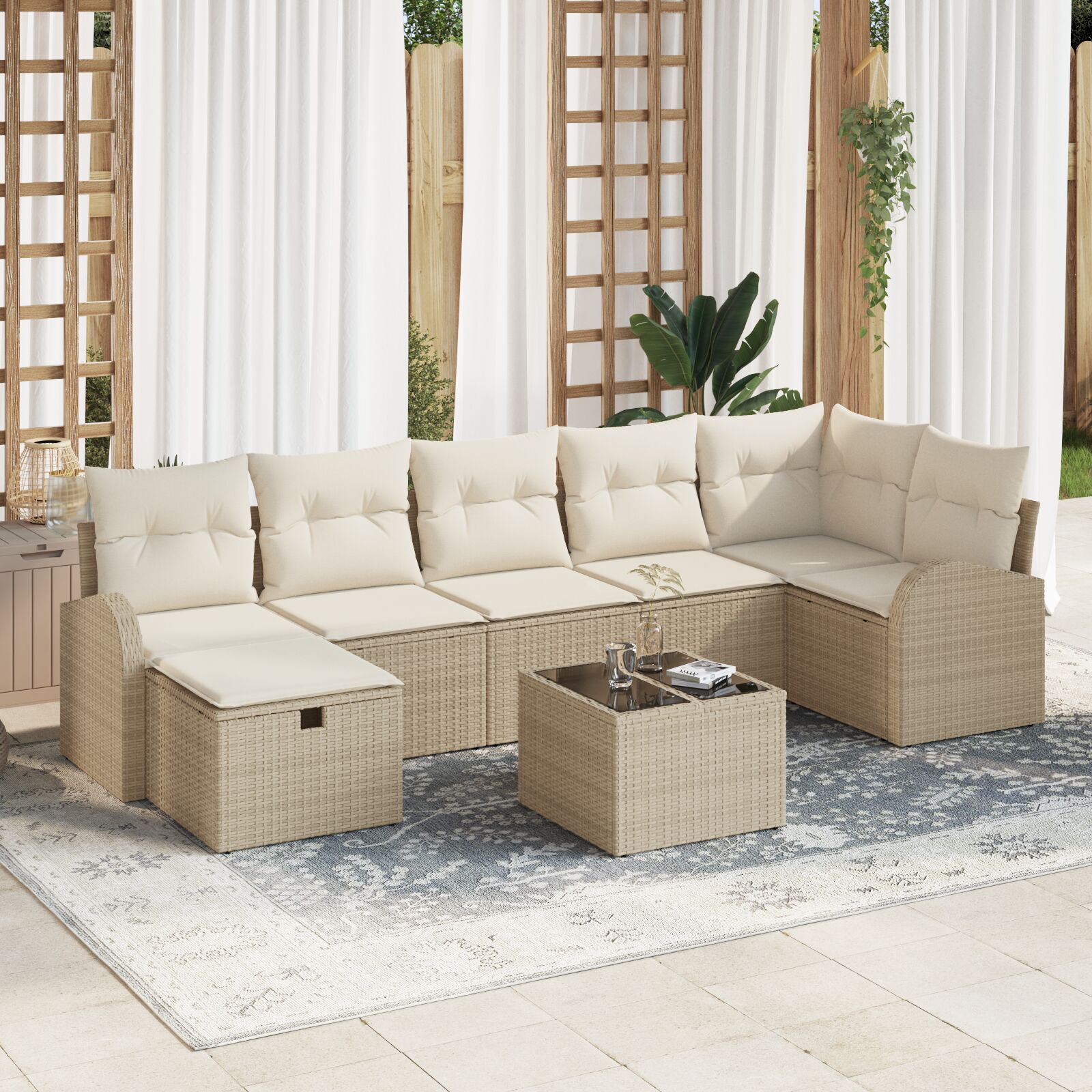 8-teiliges Garten-Sofa-Set mit Kissen Beige Poly Rattan 8-teiliges Garten-Sofa-Set mit Kissen Beige Poly Rattan