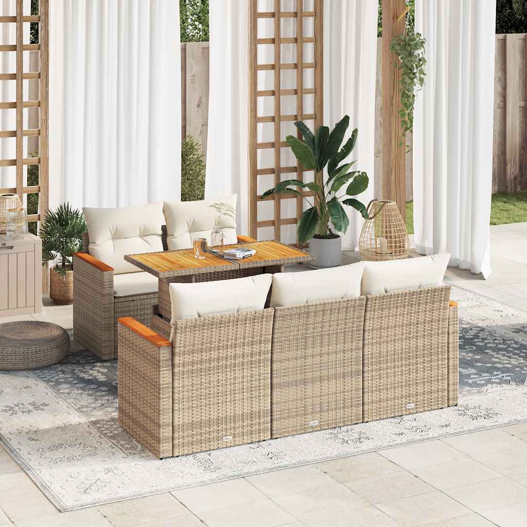 6-tlg. Garten-Sofagarnitur mit Kissen Beige Poly Rattan Akazie 6-tlg. Garten-Sofagarnitur mit Kissen Beige Poly Rattan Akazie