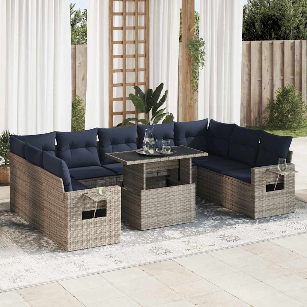 10-tlg. Garten-Sofagarnitur mit Kissen Grau Poly Rattan Akazie 10-tlg. Garten-Sofagarnitur mit Kissen Grau Poly Rattan Akazie