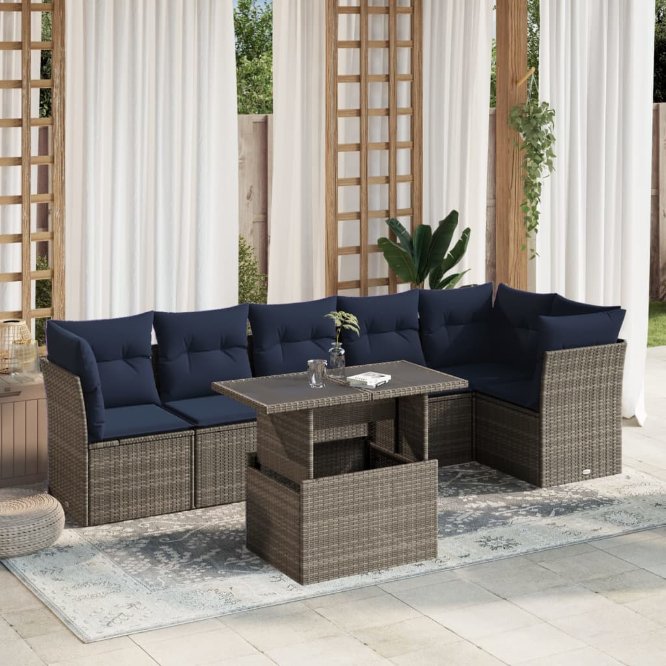 7-teiliges Gartensofa-Set mit Kissen, grau, Polyrattan 7-teiliges Gartensofa-Set mit Kissen, grau, Polyrattan