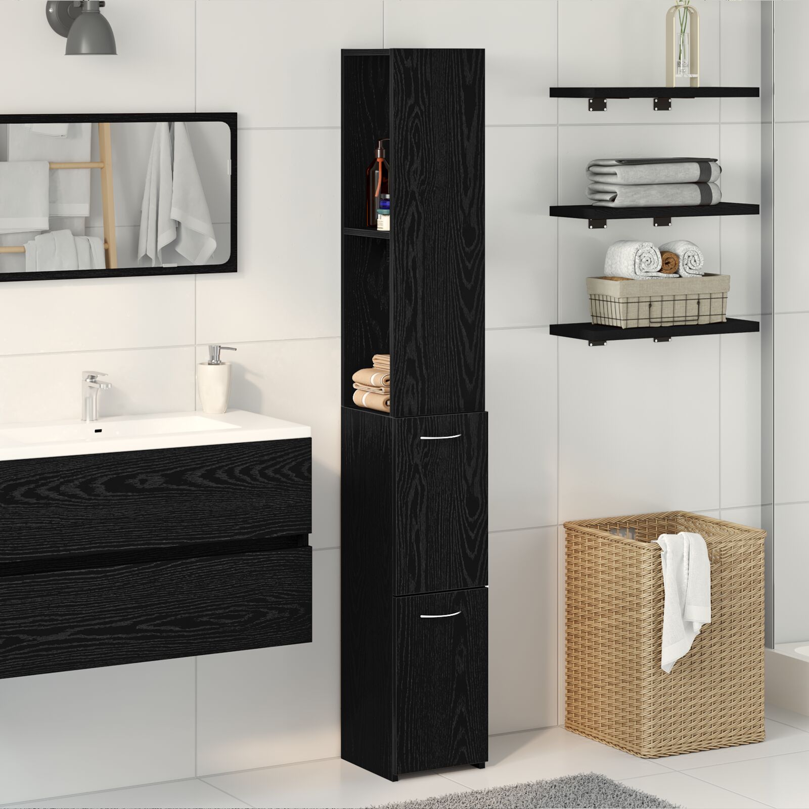 vidaXL Badezimmerschrank Schwarz Eiche 25x25x170 cm Holzwerkstoff
