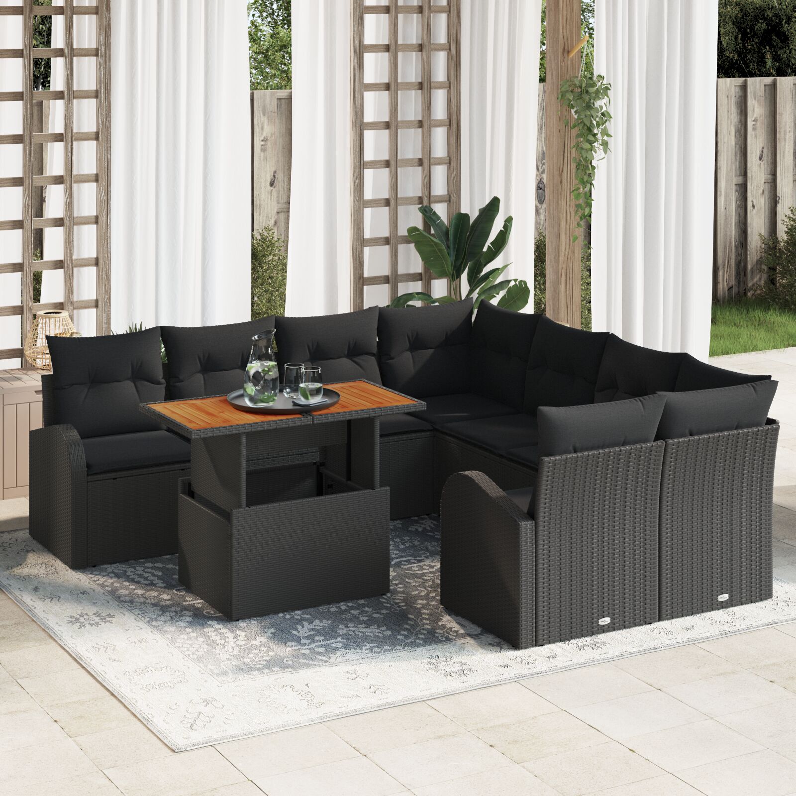 9-teilige Garten-Essgruppe mit Kissen Schwarzes Poly Rattan Akazie 9-teilige Garten-Essgruppe mit Kissen Schwarzes Poly Rattan Akazie