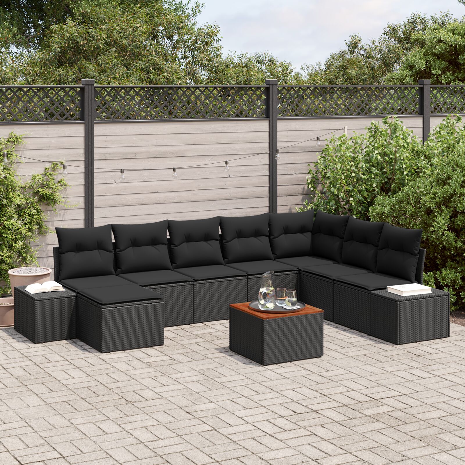 9-teiliges Garten Sofa Set mit Kissen Schwarz Poly Rattan Akazie