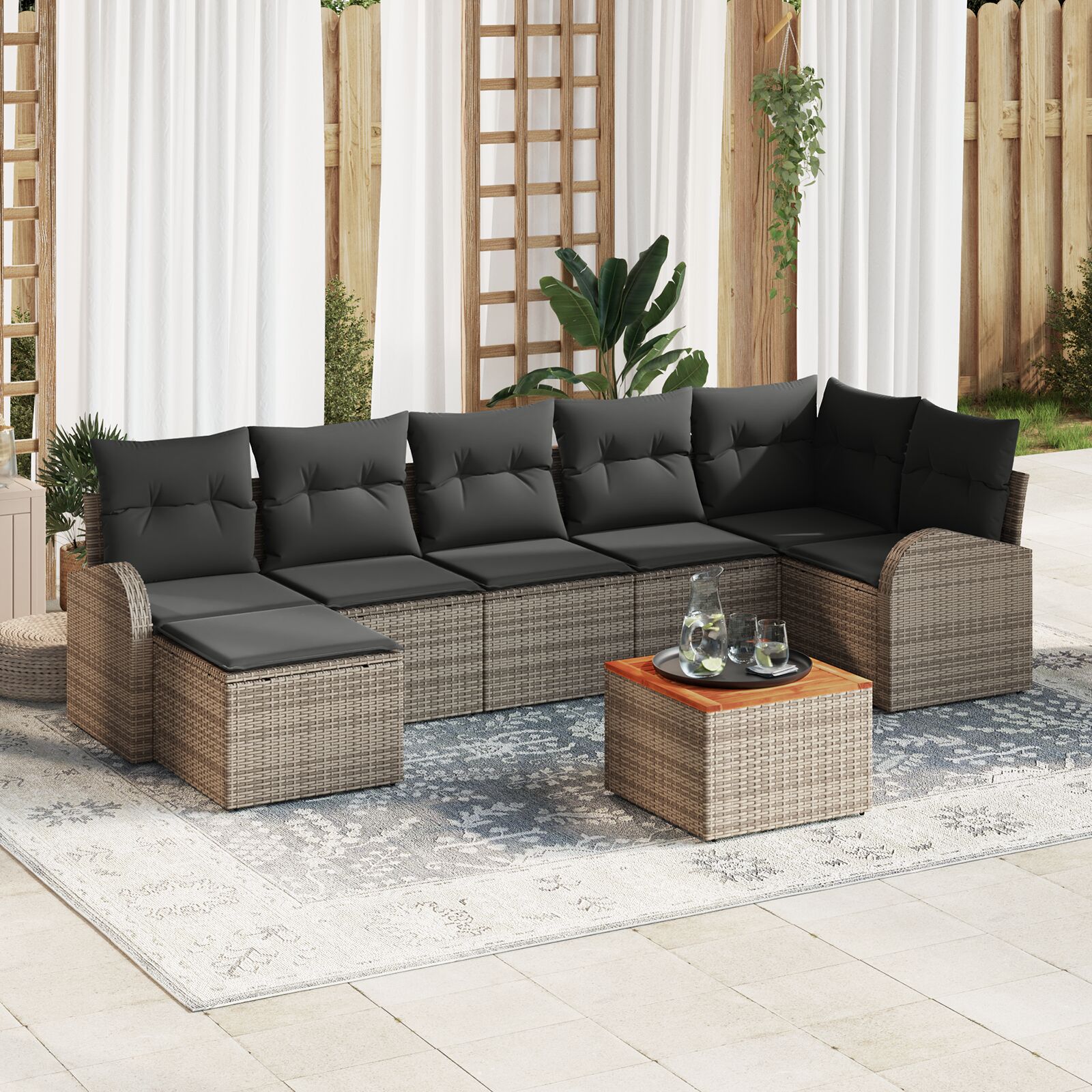 8-teiliges Garten Sofa Set mit Kissen Grau Poly Rattan Akazie
