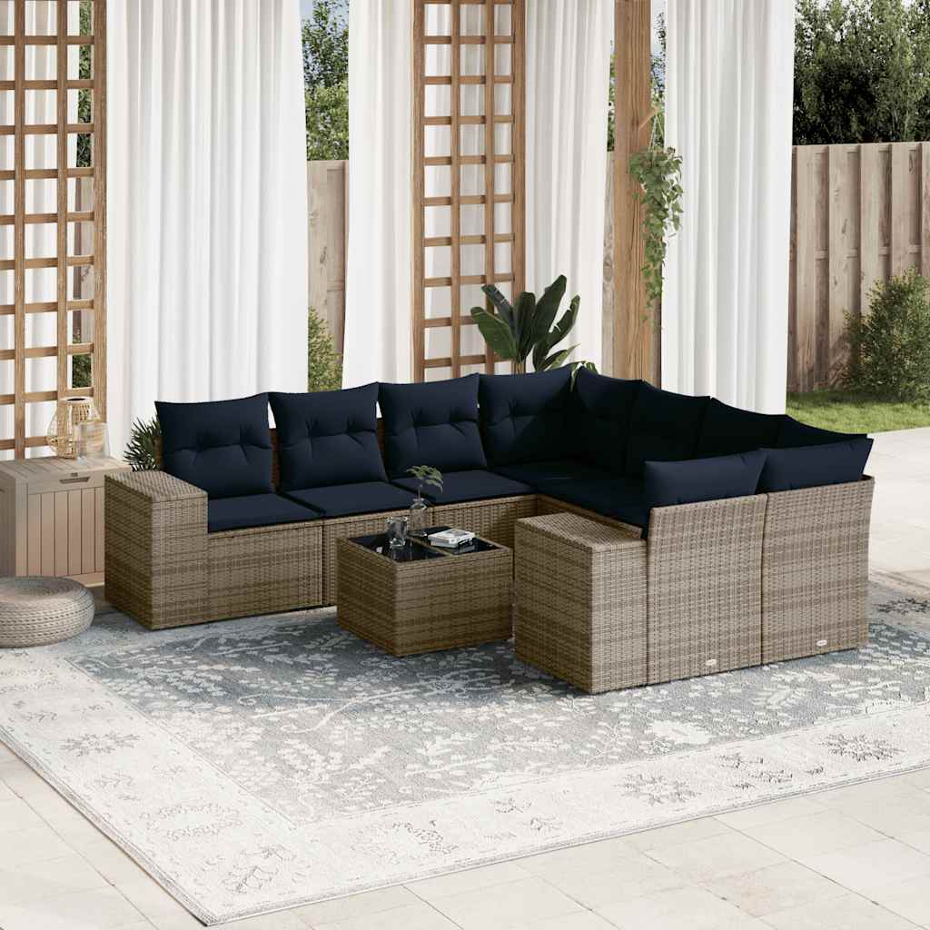 9-teiliges Gartensofa-Set mit Kissen, grau, Polyrattan 9-teiliges Gartensofa-Set mit Kissen, grau, Polyrattan