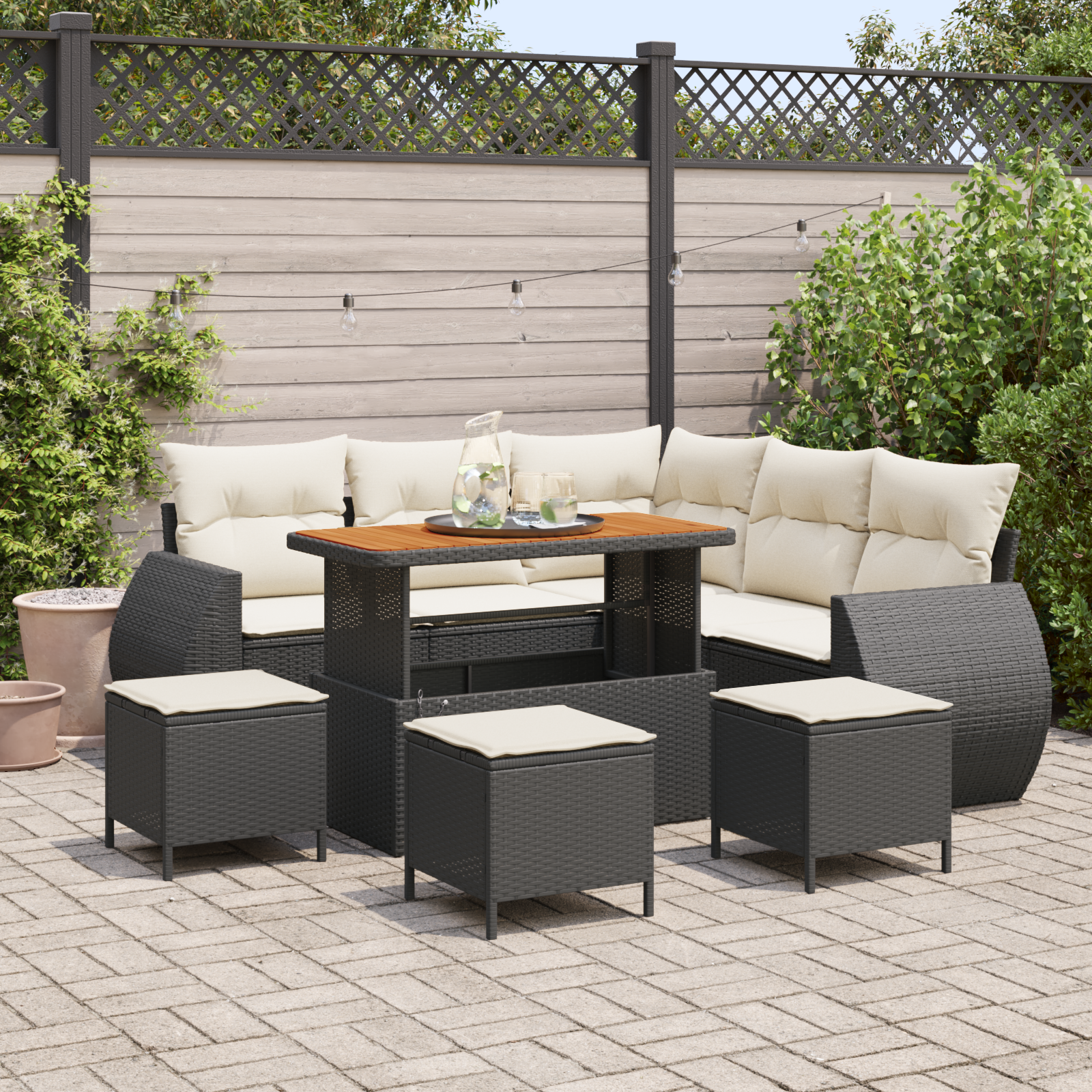 9-teiliges Garten-Sofa-Set mit Kissen Schwarz Poly-Rattan Akazie