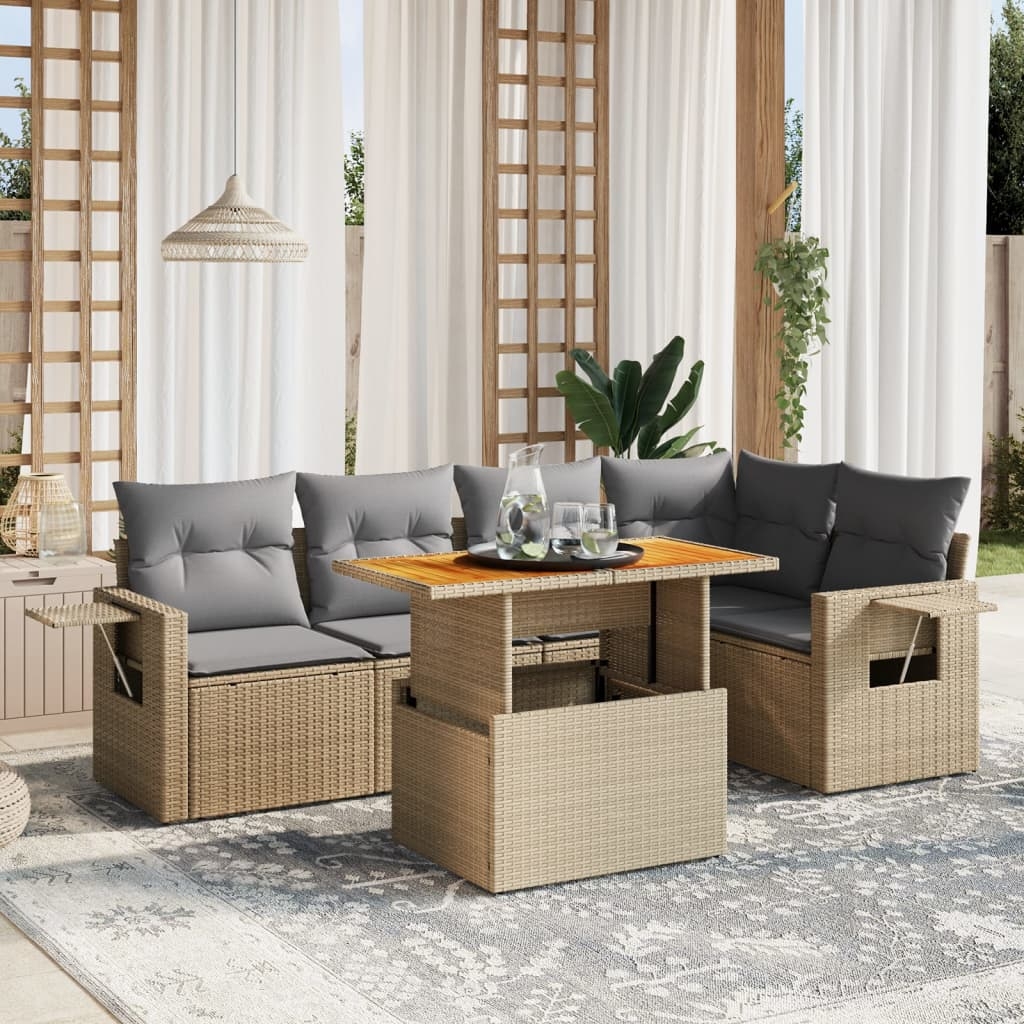 6-tlg. Garten-Sofagarnitur mit Kissen Beige Poly Rattan 6-tlg. Garten-Sofagarnitur mit Kissen Beige Poly Rattan